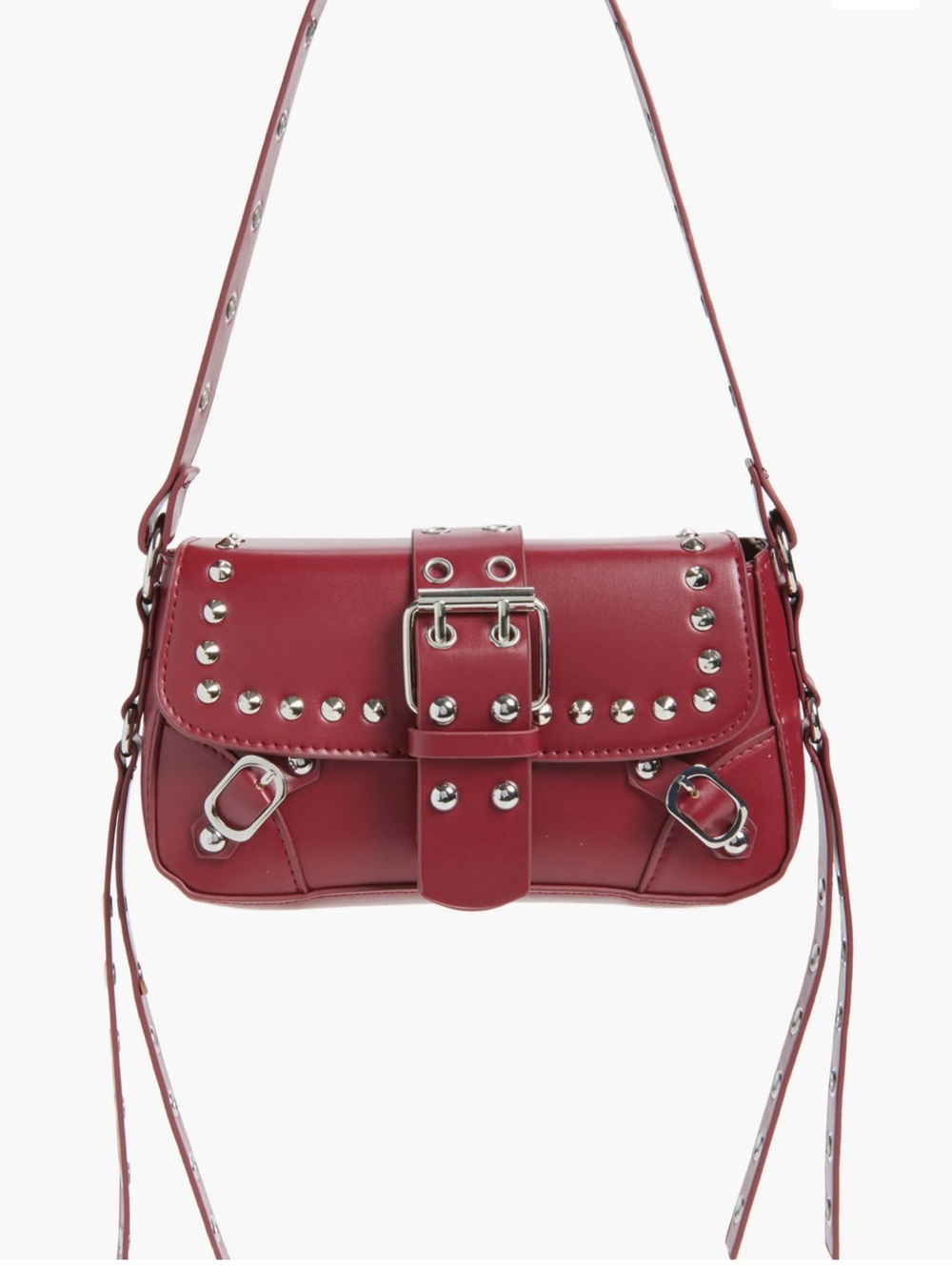 🆕 Red Buckle Stud Shoulder Hand Bag Purse Silver Rivets Vegan Faux Leather BP.
